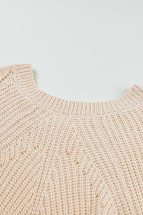 Hollow-Out Puffy Sleeve Drop Shoulder Round Neck Knit Pullover Sweater